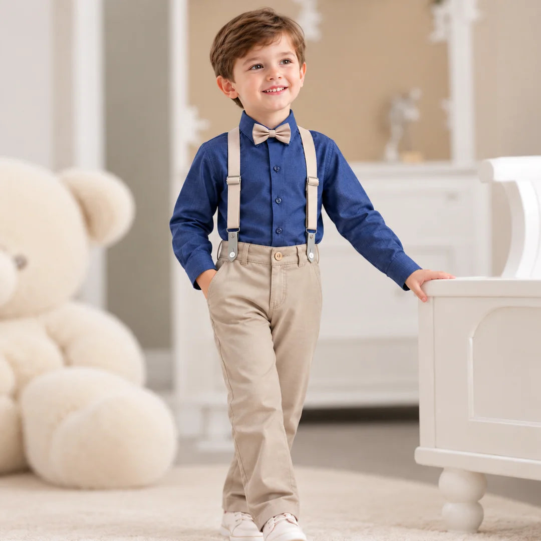 Baby Boys Navy Blue Shirt & Beige Trouser Suspender Formal Set with Bow Tie