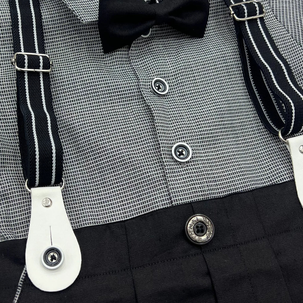 Baby Boy Grey / Black Formal gallis Romper With cap