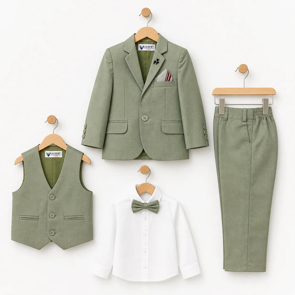 Baby Boy 4 Piece Coat Formal Suit Light Green Self