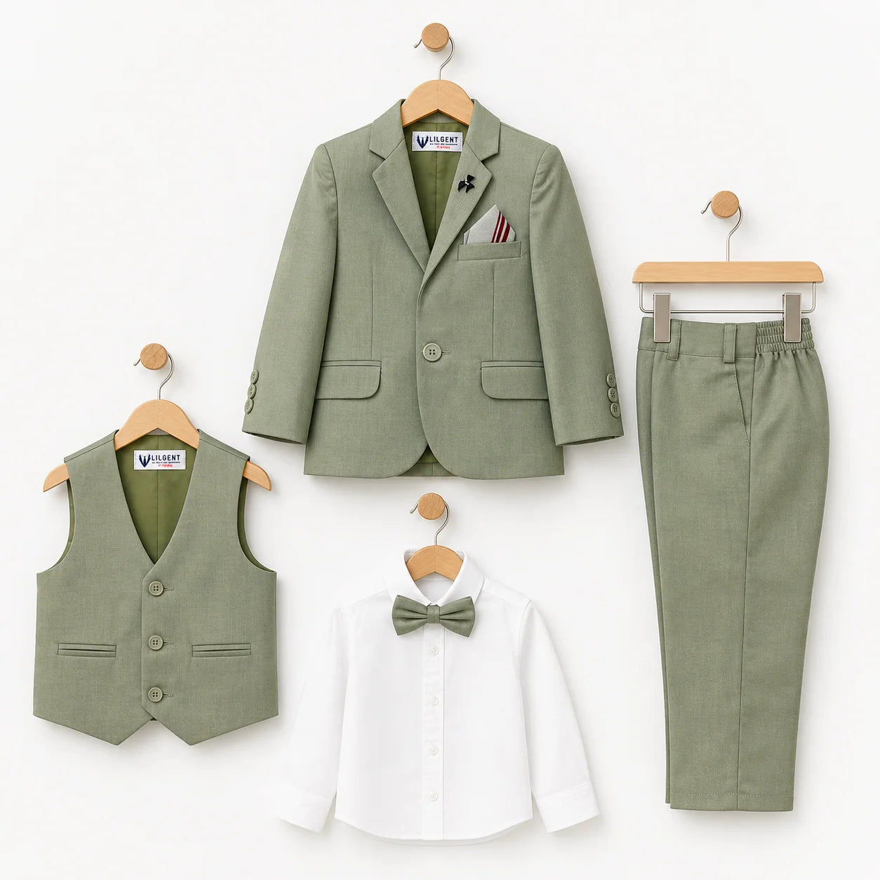 Baby Boy 4 Piece Coat Formal Suit Light Green Self
