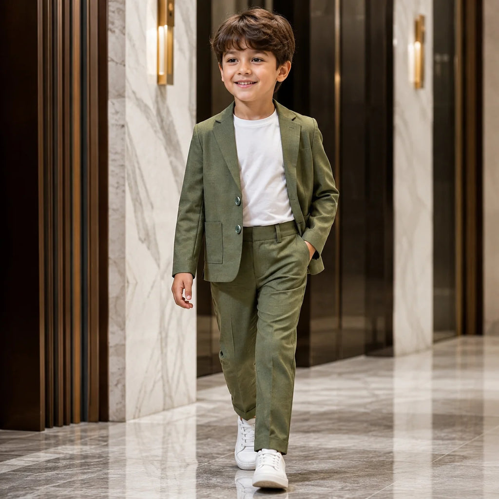 Baby Boy 3 Piece Coat Formal Olive Green Cotton Linen Suit