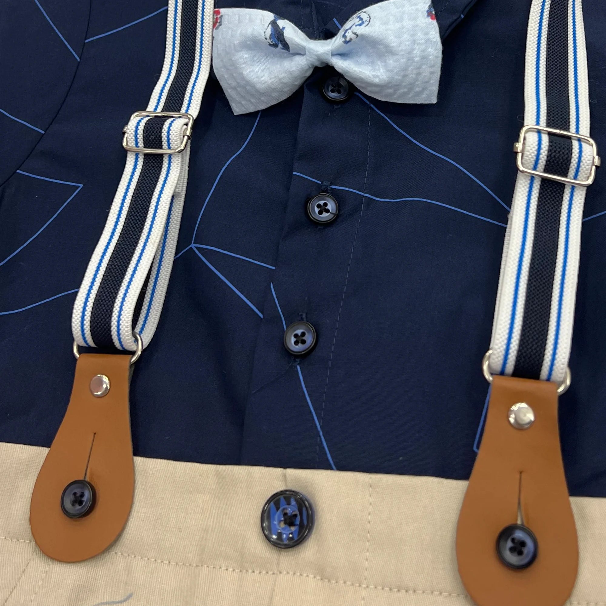 Baby Boy Navy Blue / Skin Formal gallis Romper With Cap