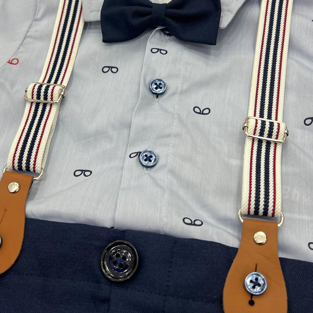 Baby Boy Blue Glasses Print Formal gallis Romper With cap