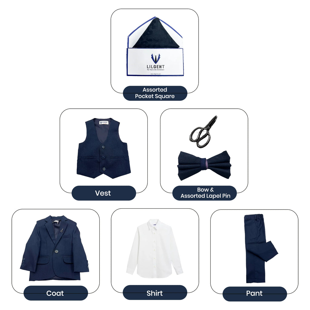 Baby Boy 4 Piece Coat Formal Suit Plain Navy Blue Self