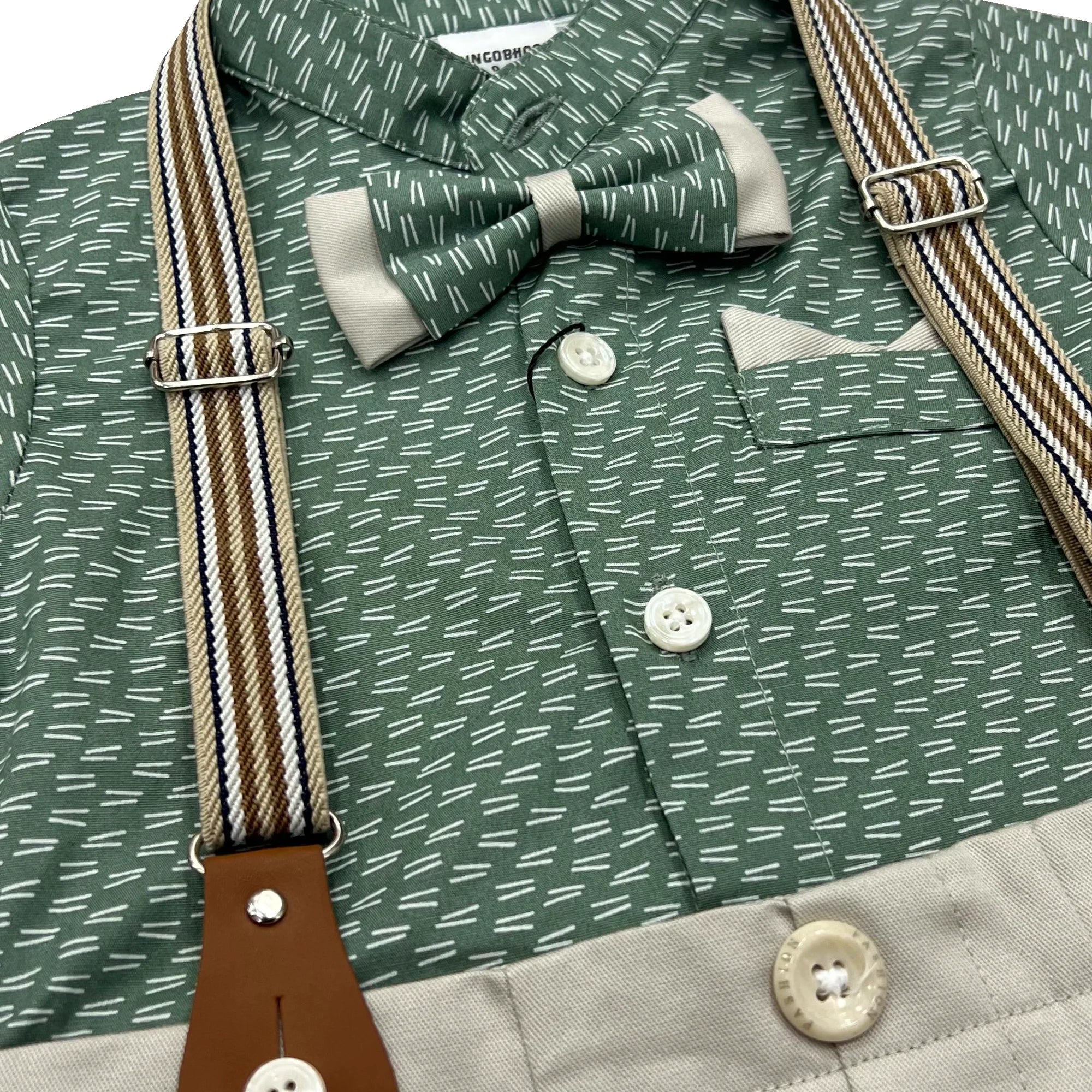 Baby Boy Green / Skin Print Formal gallis Romper With cap