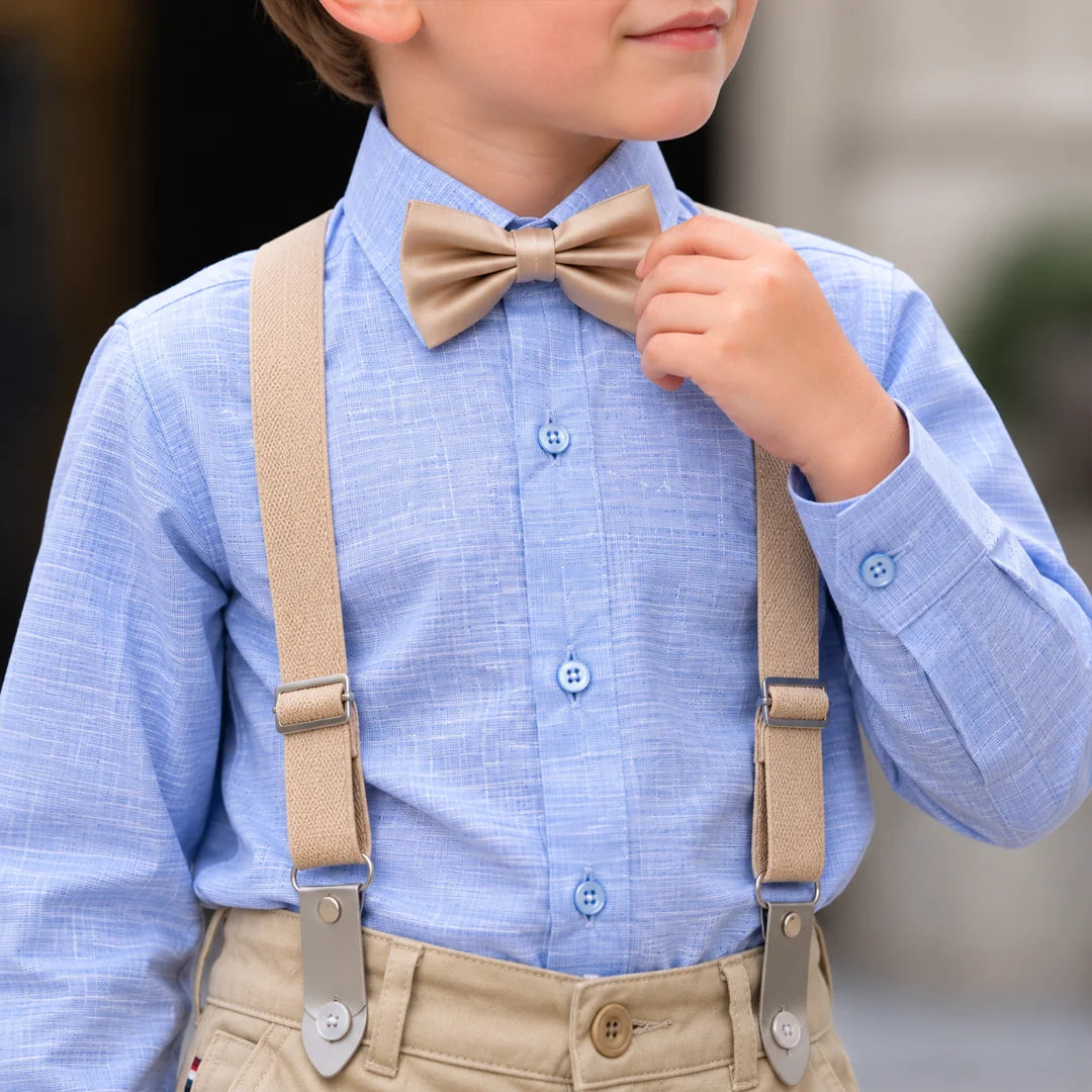 Baby Boys Sky Blue Self Shirt & Beige Trouser Suspender Formal Set with Bow Tie