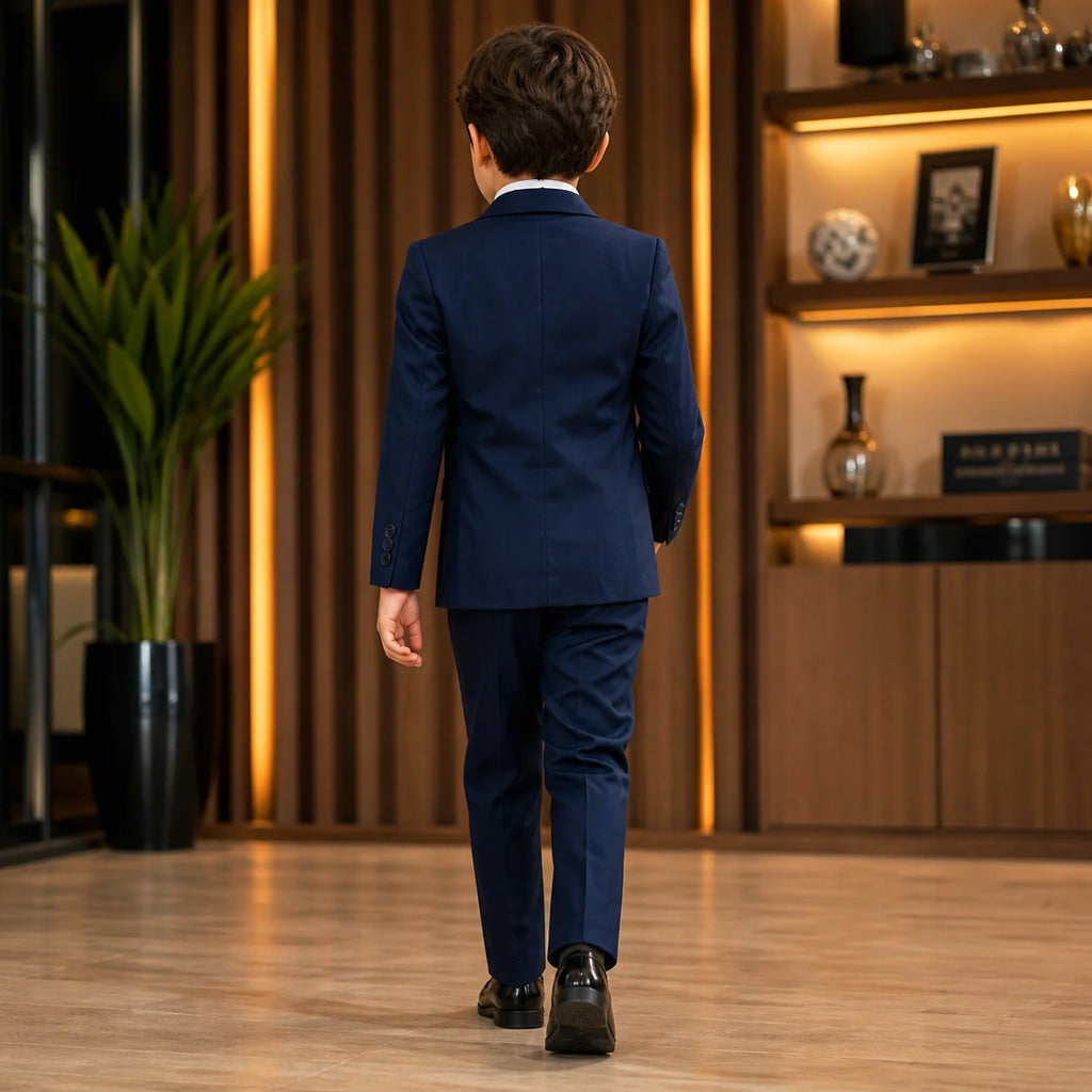 Baby Boy 4 Piece Coat Formal Suit Plain Navy Blue Self