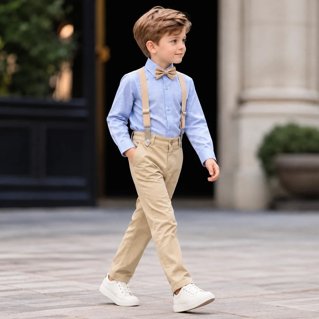 Baby Boys Sky Blue Self Shirt & Beige Trouser Suspender Formal Set with Bow Tie