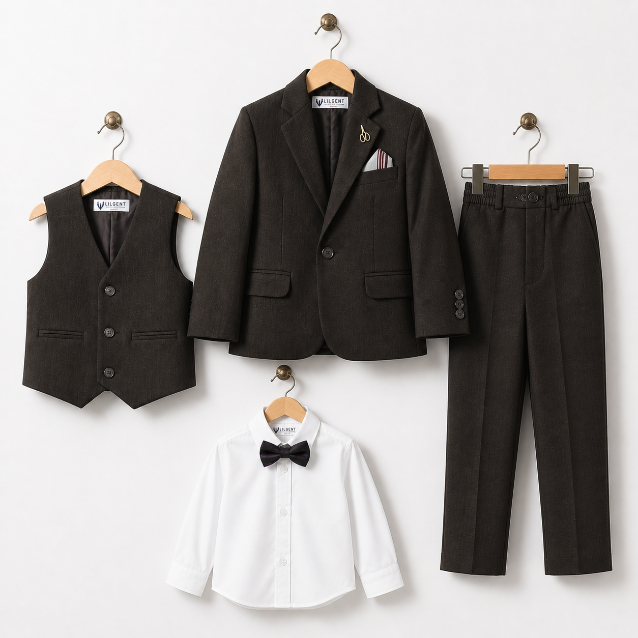 Baby Boy 4 Piece Coat Formal Suit Dark Brown Self