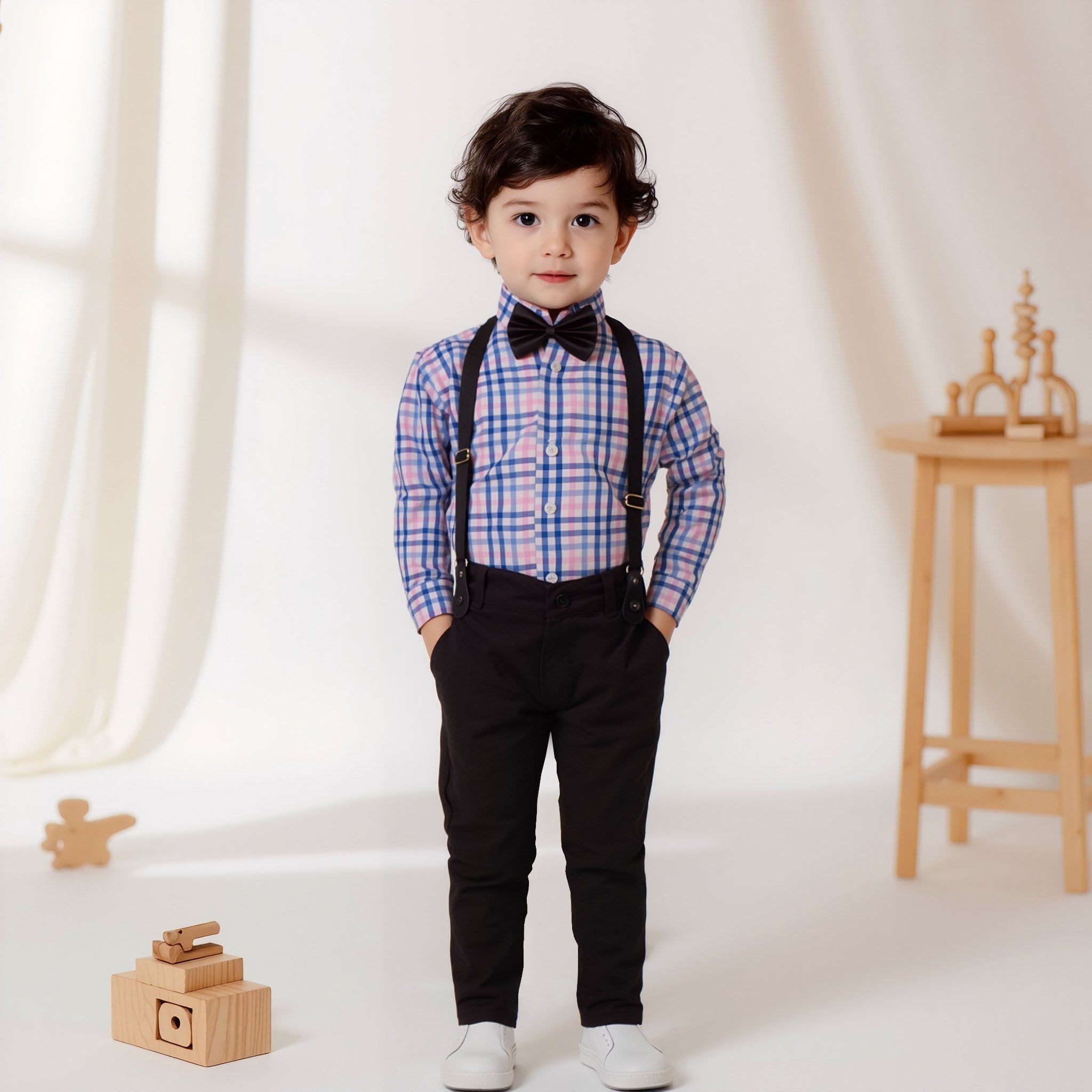 Baby Boy 4 Piece Multi Check Print Black pant Formal set