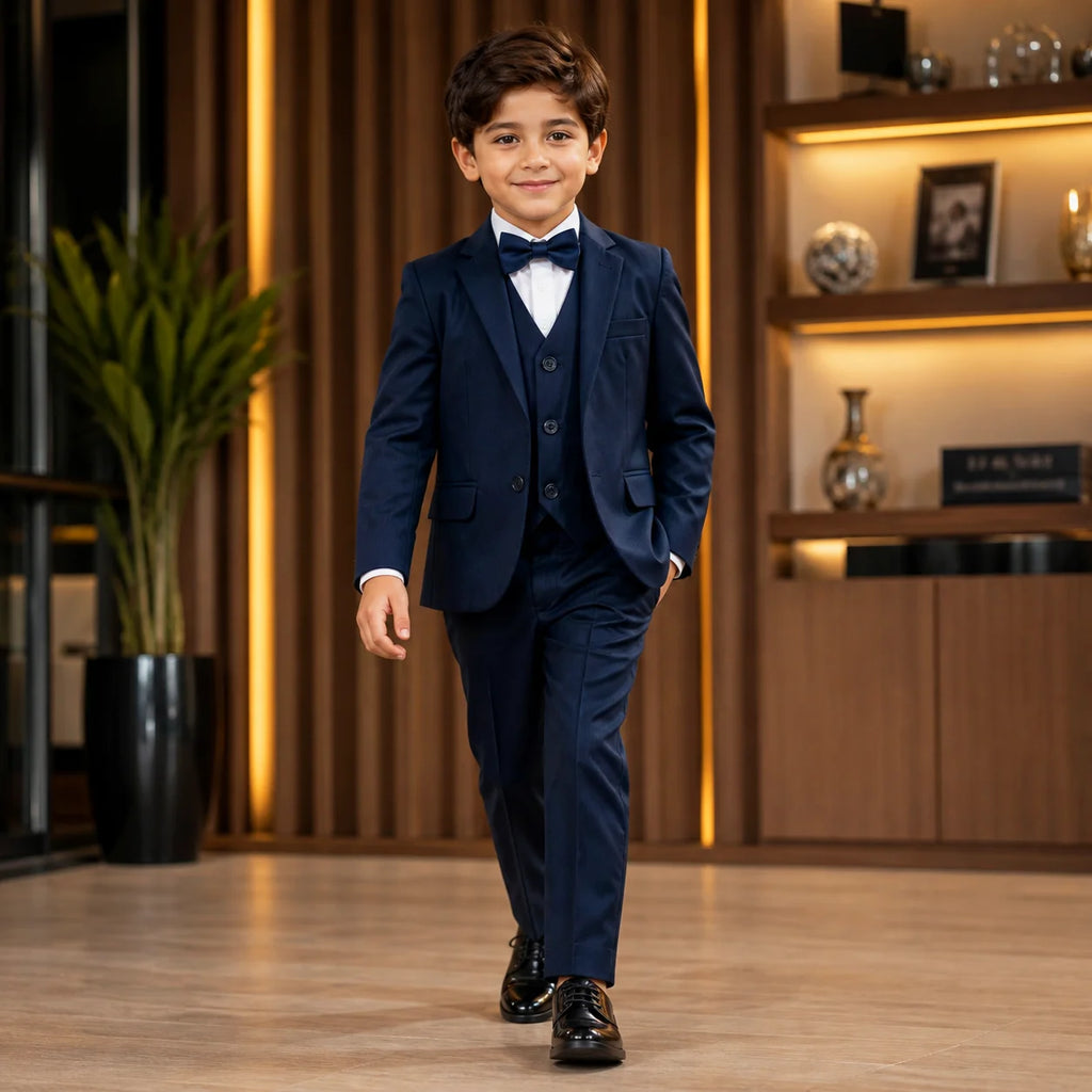 Baby Boy 4 Piece Coat Formal Suit Plain Navy Blue Self