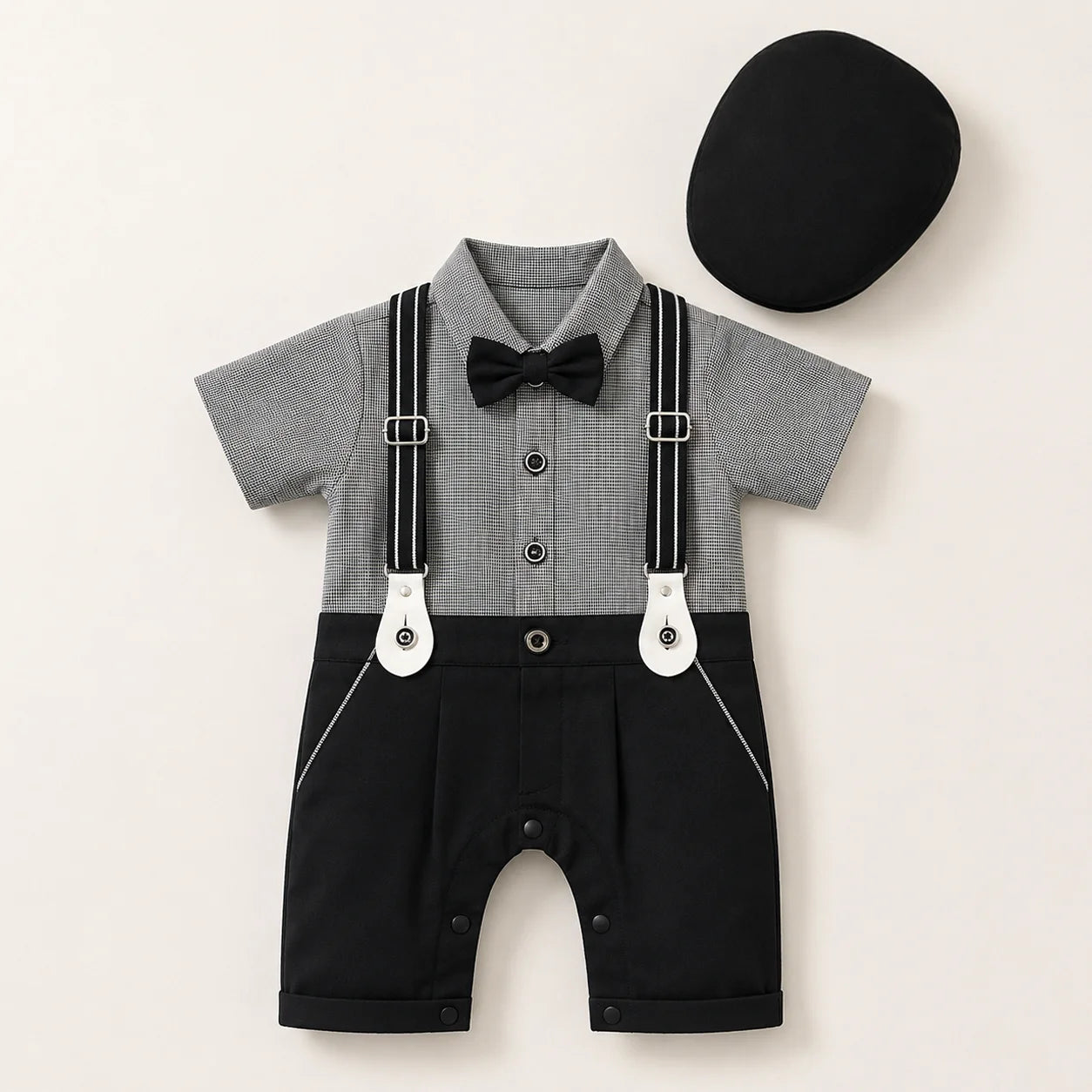 Baby Boy Grey / Black Formal gallis Romper With cap