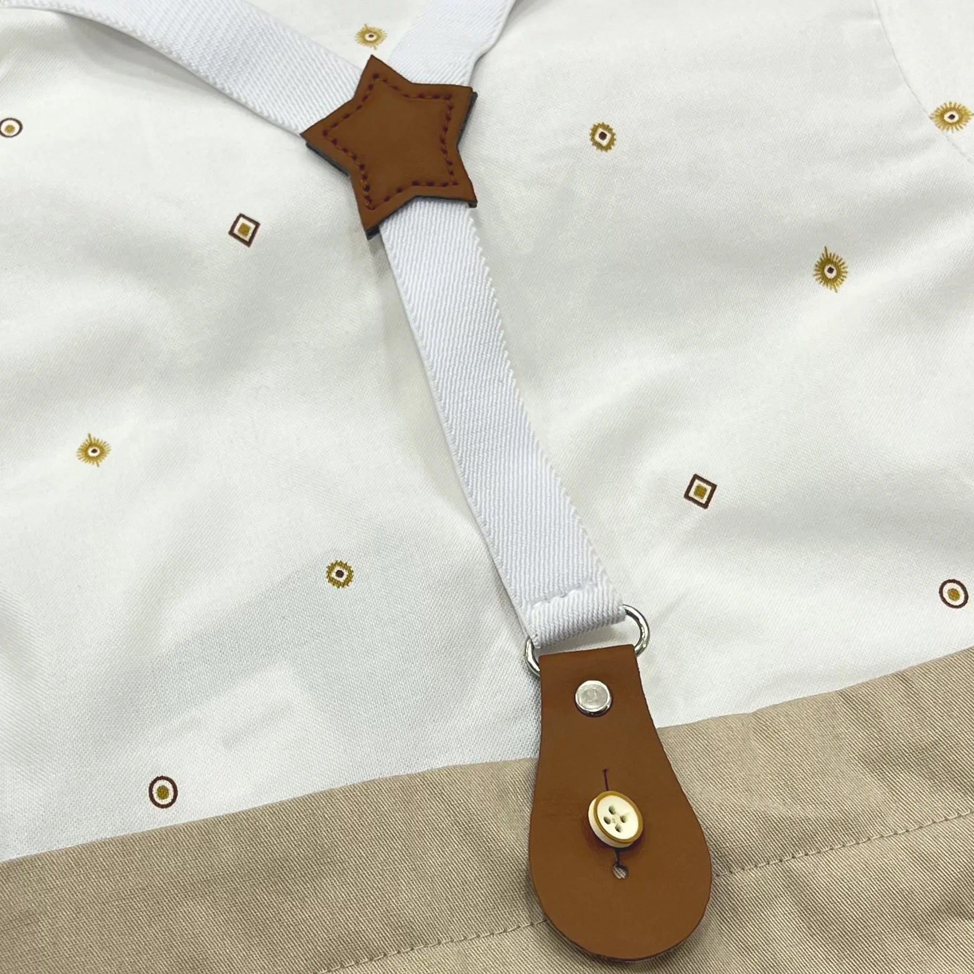 Baby Boy White patterned Print Formal gallis Romper With cap