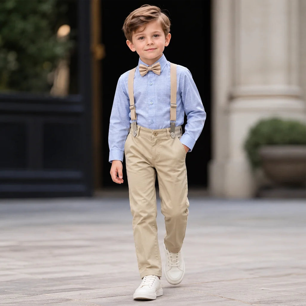 Baby Boys Sky Blue Self Shirt & Beige Trouser Suspender Formal Set with Bow Tie