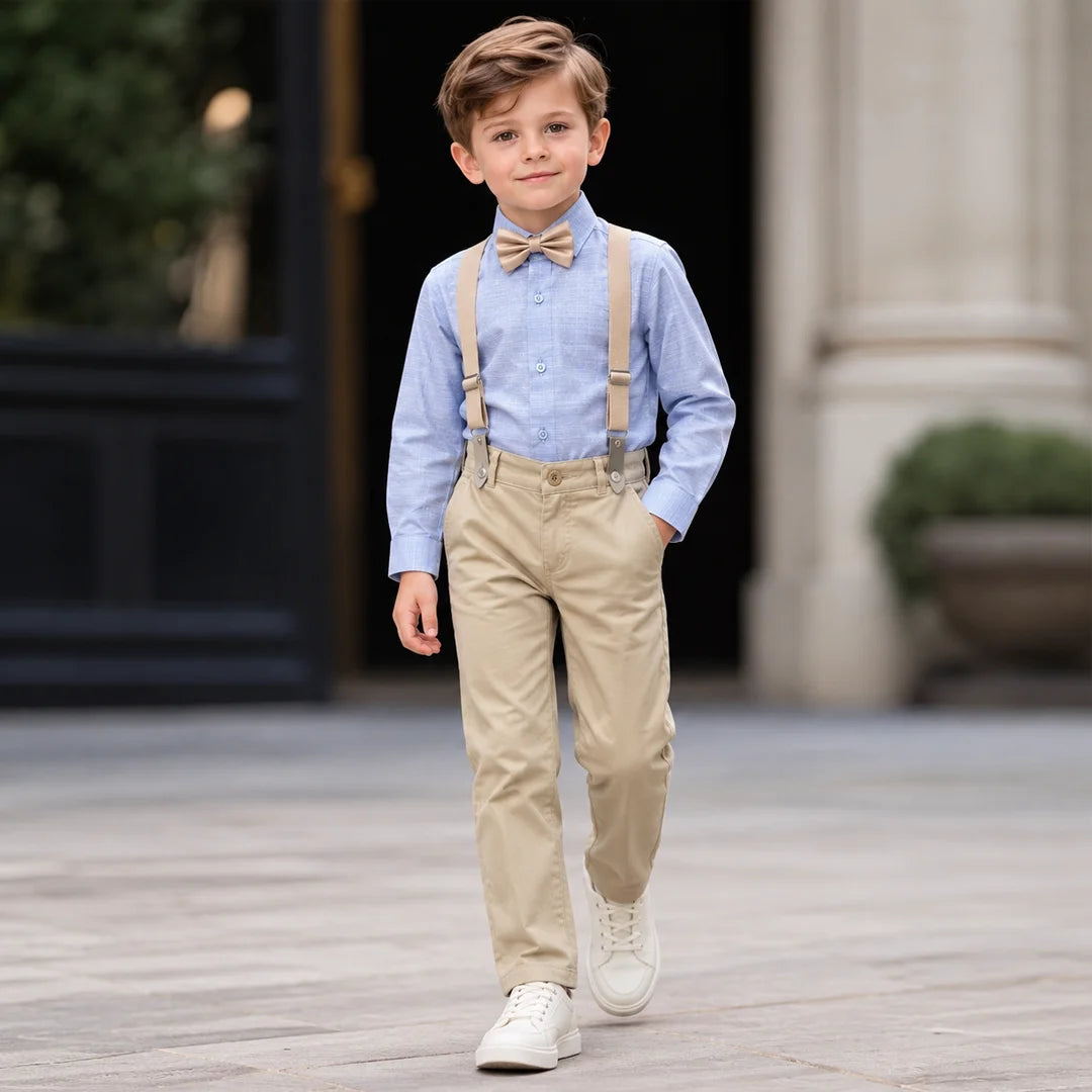 Baby Boys Sky Blue Self Shirt & Beige Trouser Suspender Formal Set with Bow Tie