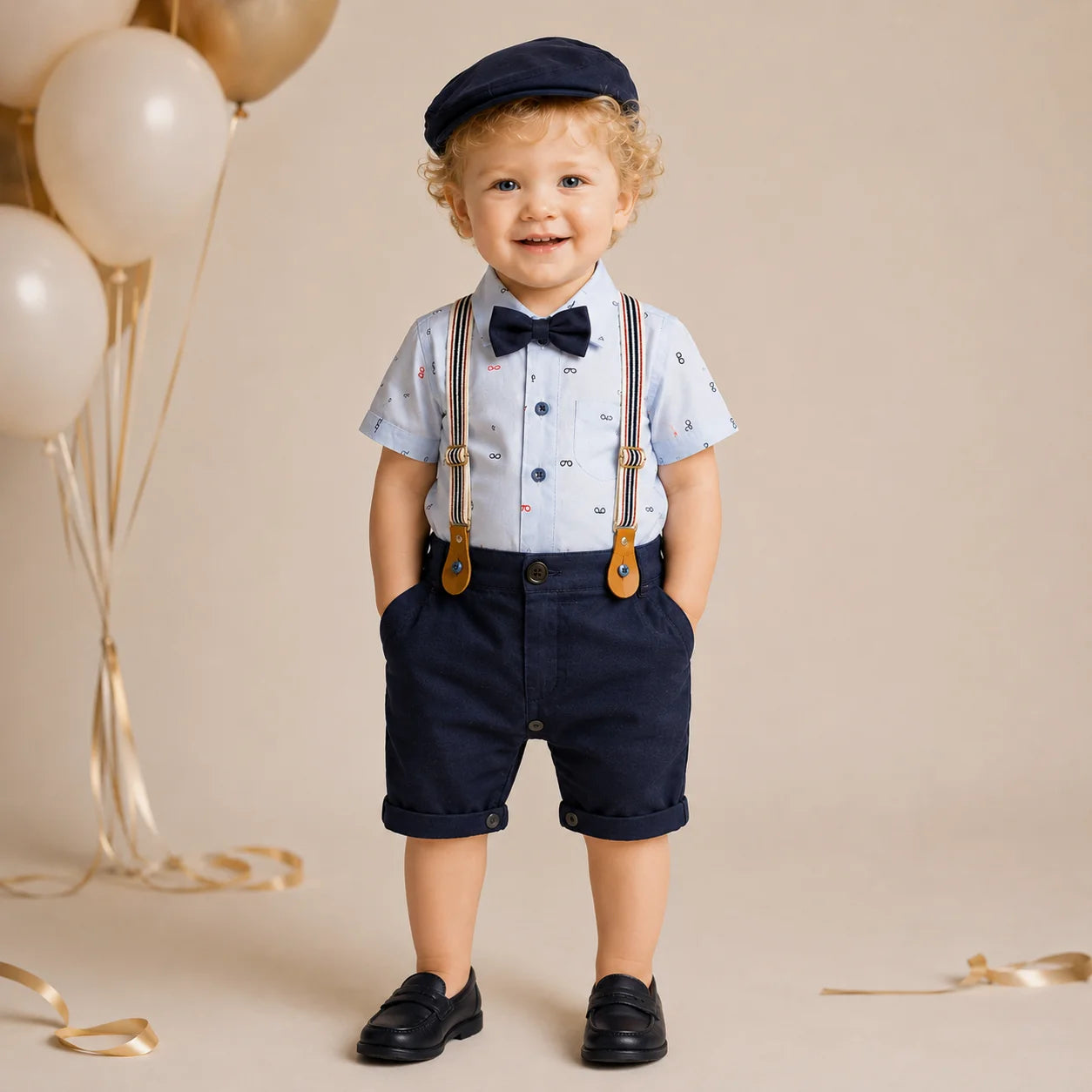 Baby Boy Blue Glasses Print Formal gallis Romper With cap