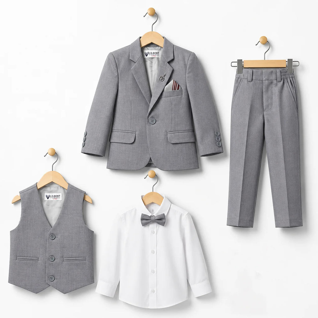 Baby Boy 4 Piece Coat Formal Suit Grey Self