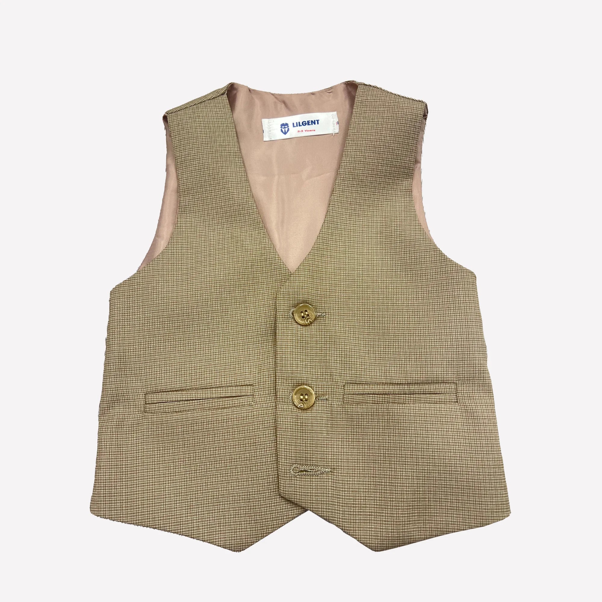 Baby Boy Fawn Self Checked Waistcoat Formal Set