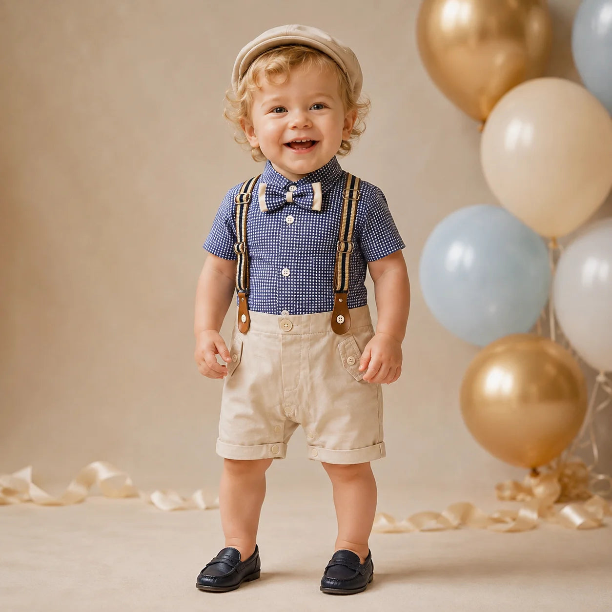 Baby Boy Polka Print Formal gallis Romper With cap