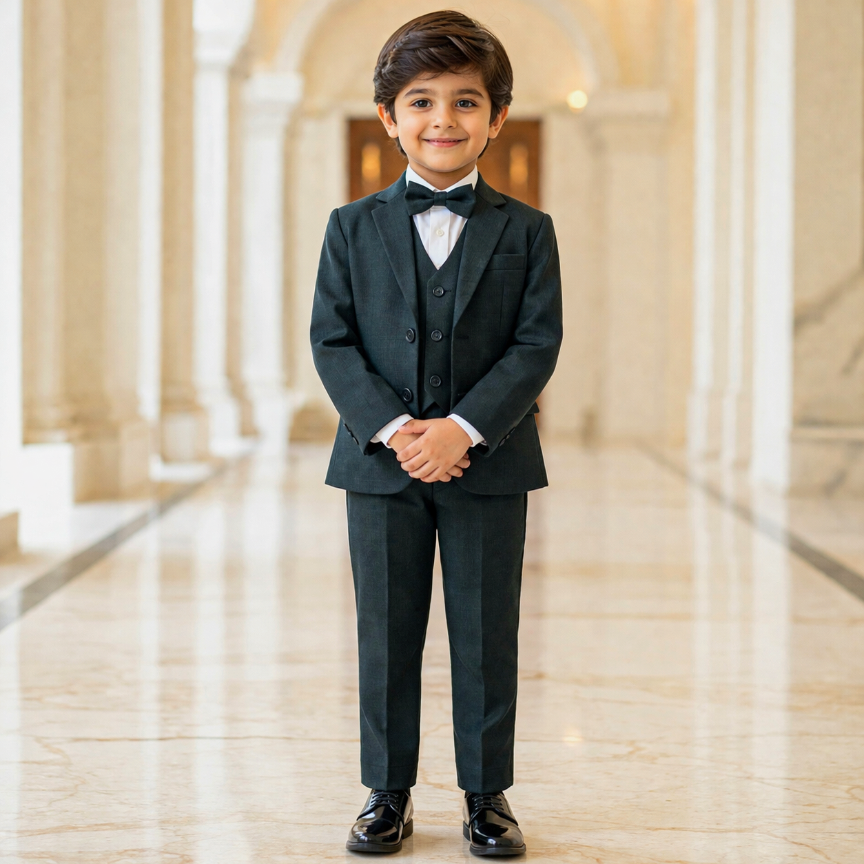 Baby Boy 4 Piece Coat Formal Suit Dark Green Self