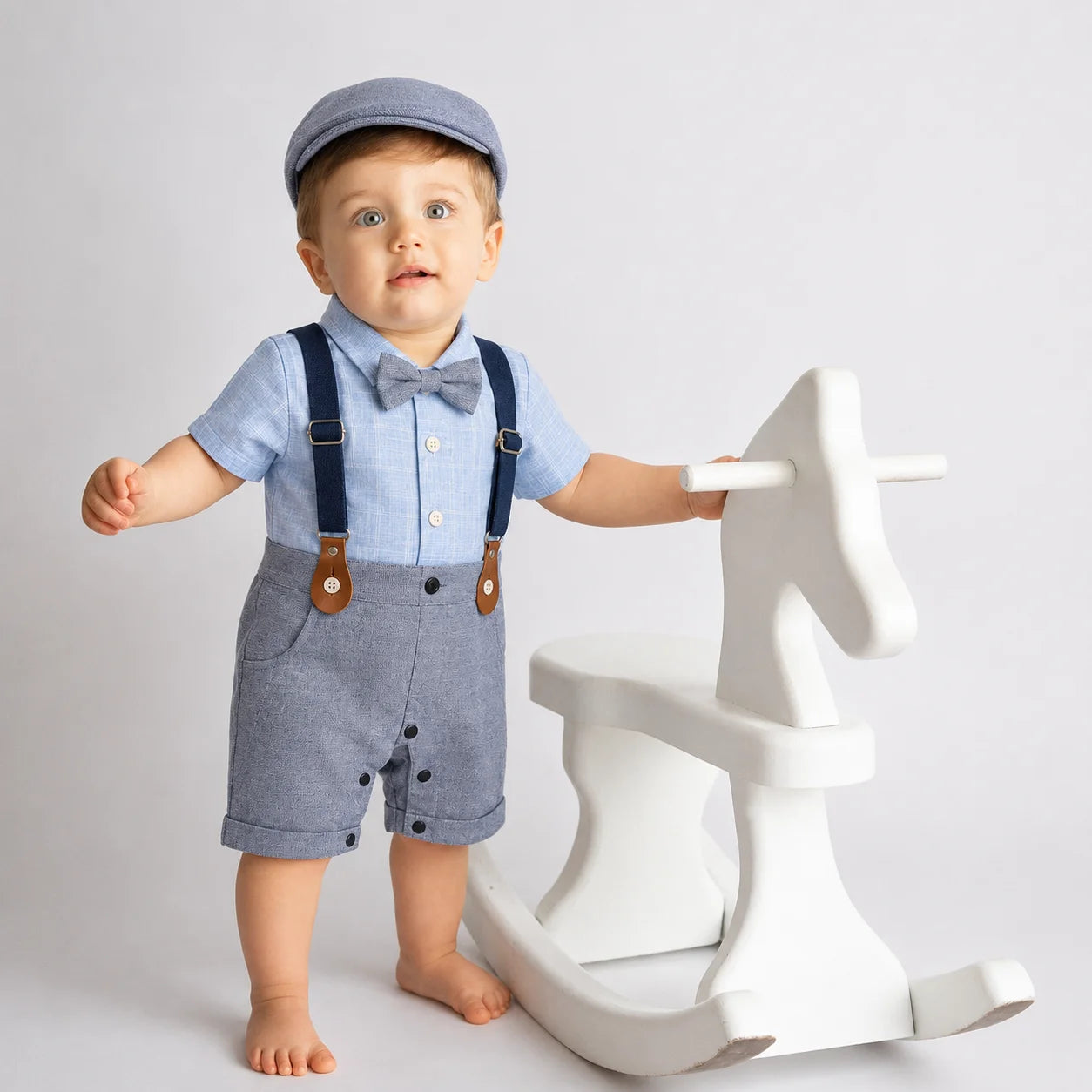 Baby Boy Sky Self / Grey Formal gallis Romper With Cap