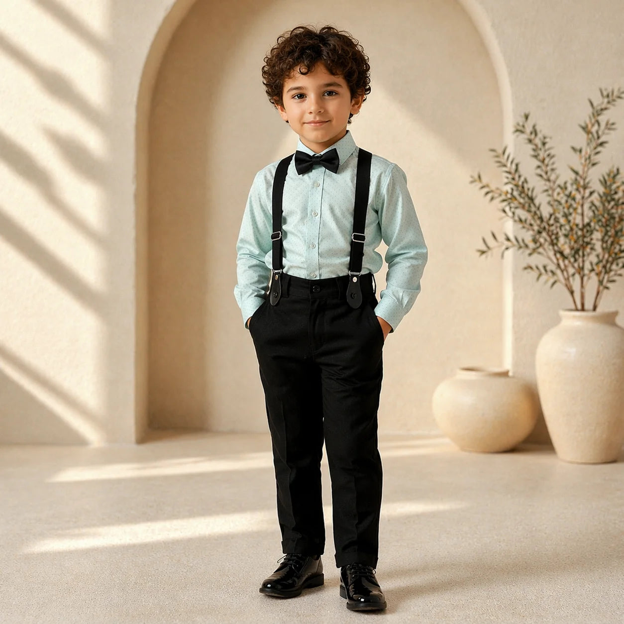 Baby Boy Sea Green Self Shirt / Black pant Formal Gallis suit