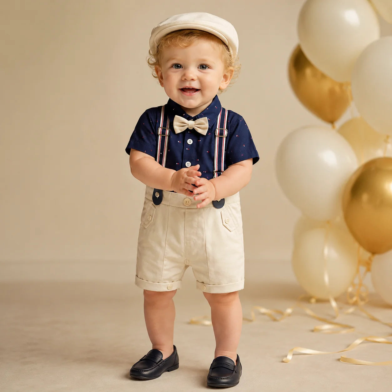 Baby Boy Navy Blue Print Formal gallis Romper With cap