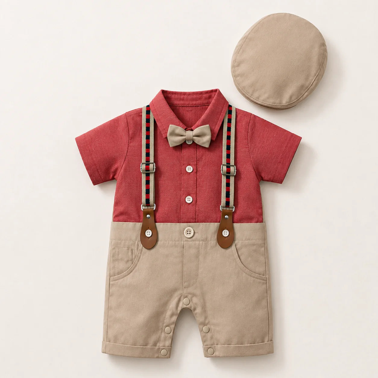 Baby Boy Red / Beige Formal gallis Romper With cap