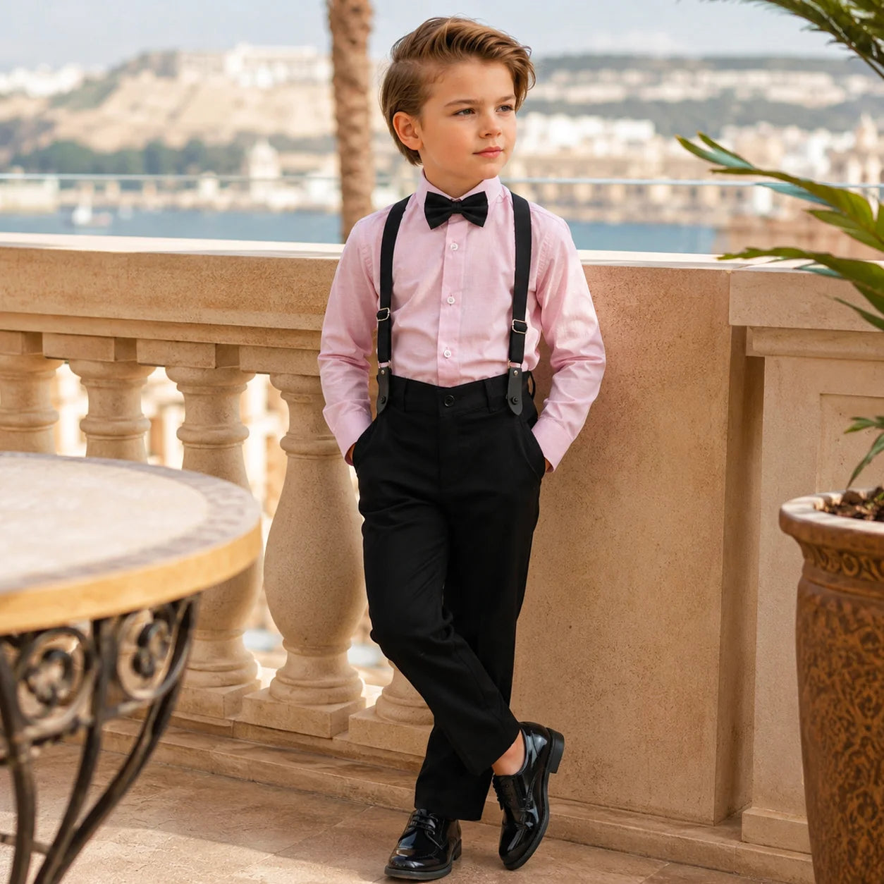 Baby Boy Light Pink Shirt / Black pant Formal Gallis suit
