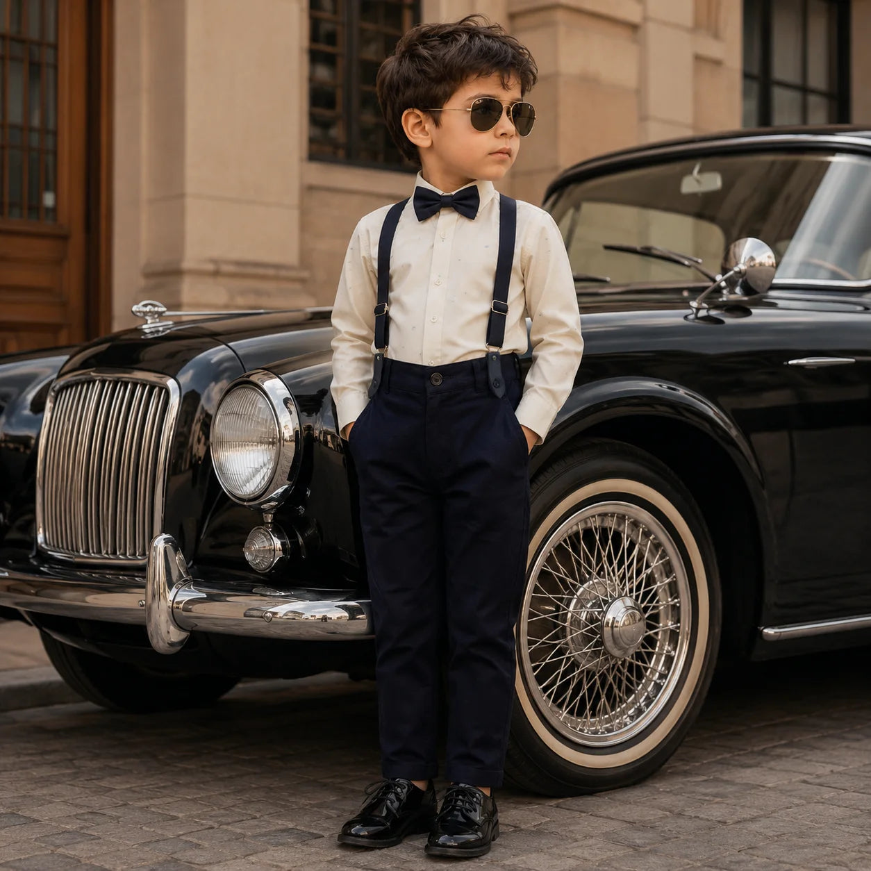 Baby Boy Off White Self Shirt / Blue pant Formal Gallis suit