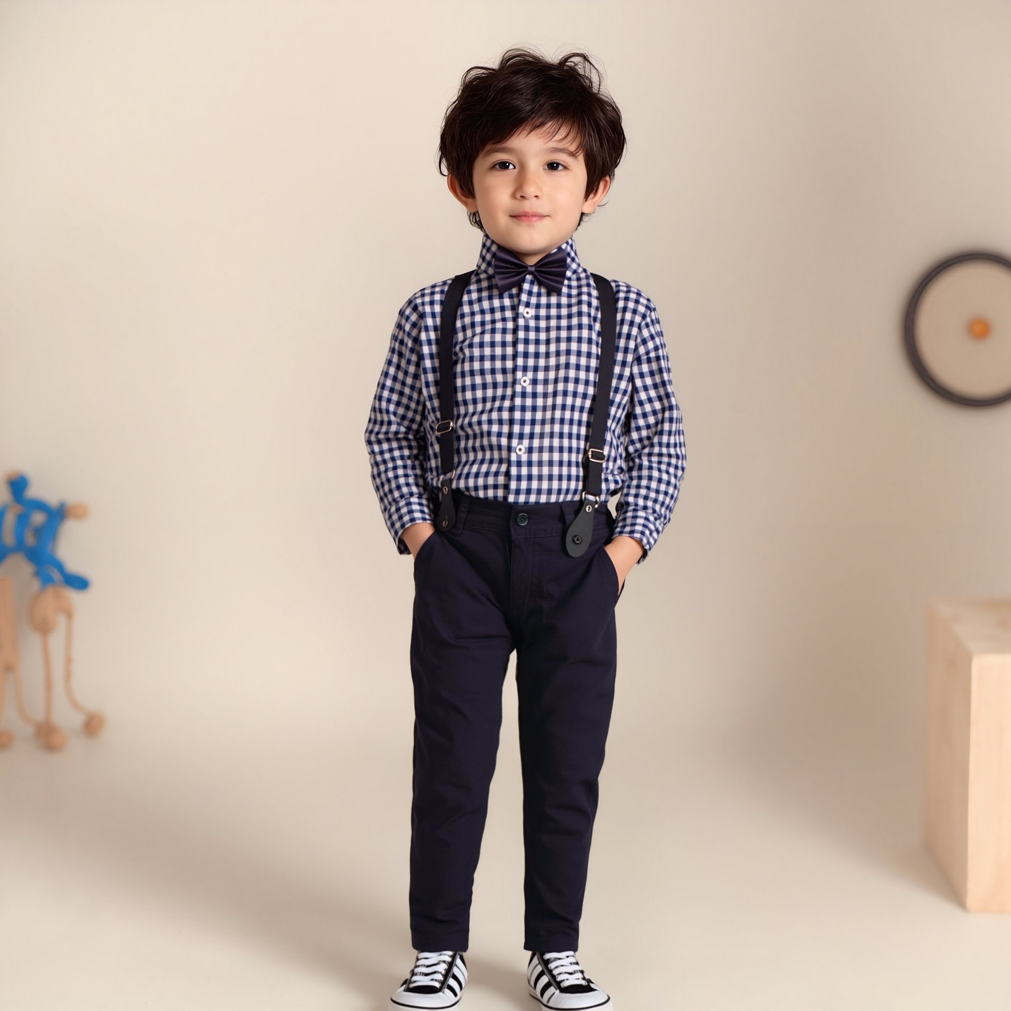 Baby Boy 4 Piece Set Blue Small Checked Print Formal Set