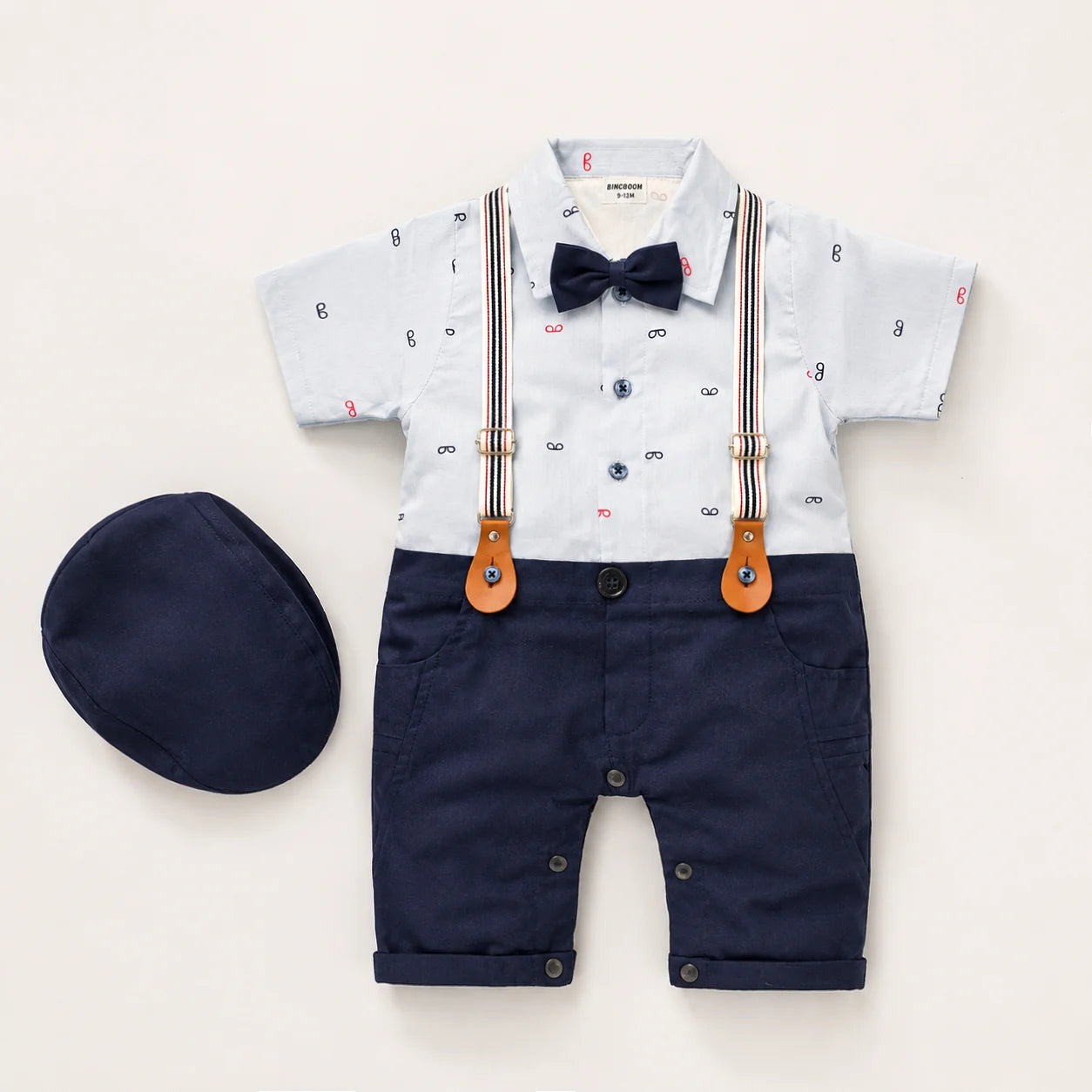Baby Boy Blue Glasses Print Formal gallis Romper With cap
