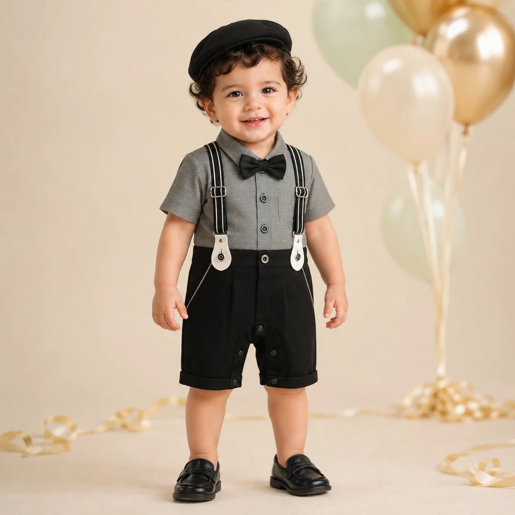 Baby Boy Grey / Black Formal gallis Romper With cap