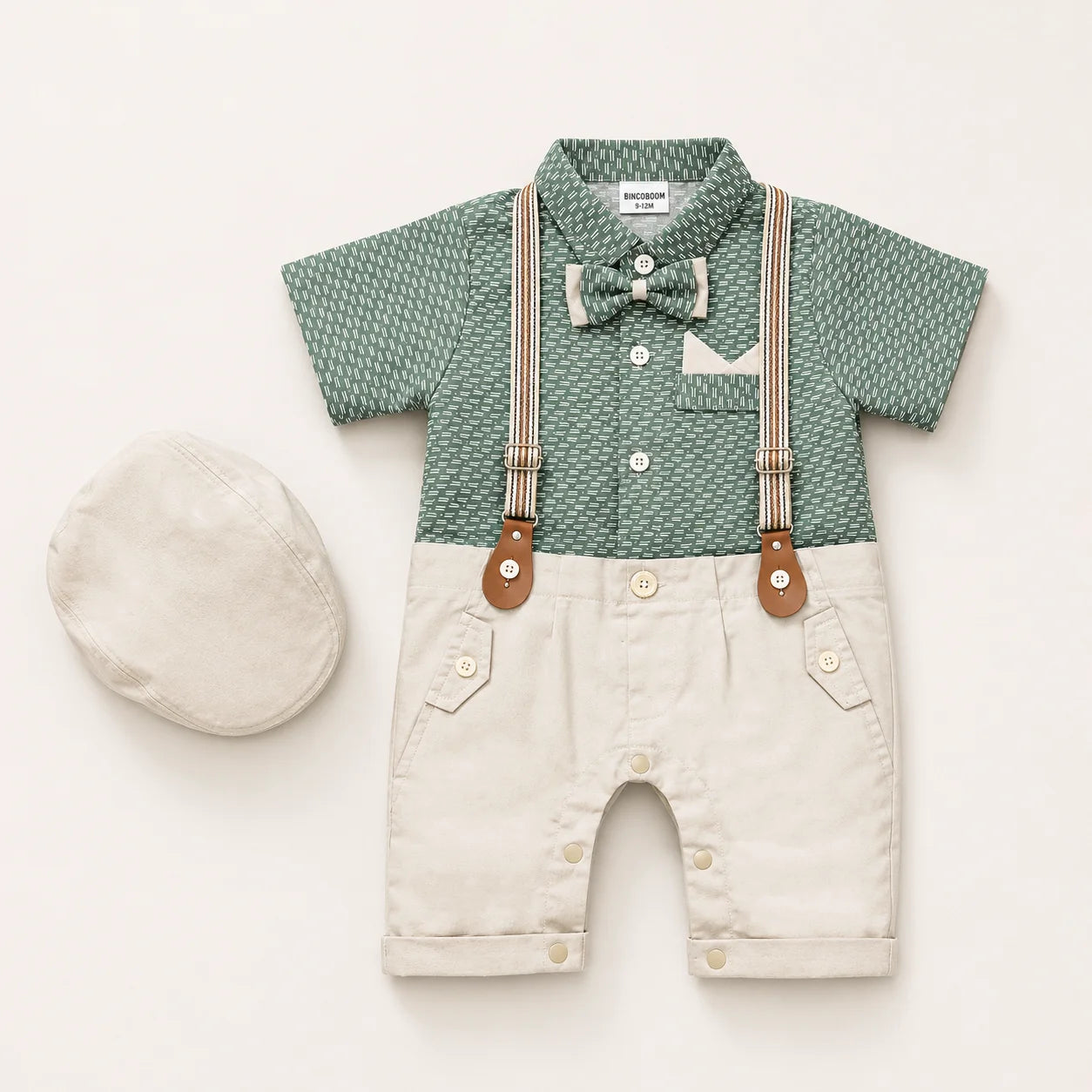 Baby Boy Green / Skin Print Formal gallis Romper With cap