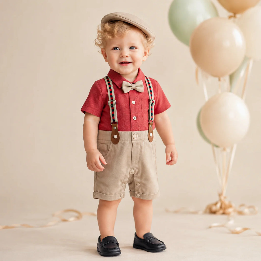 Baby Boy Red / Beige Formal gallis Romper With cap