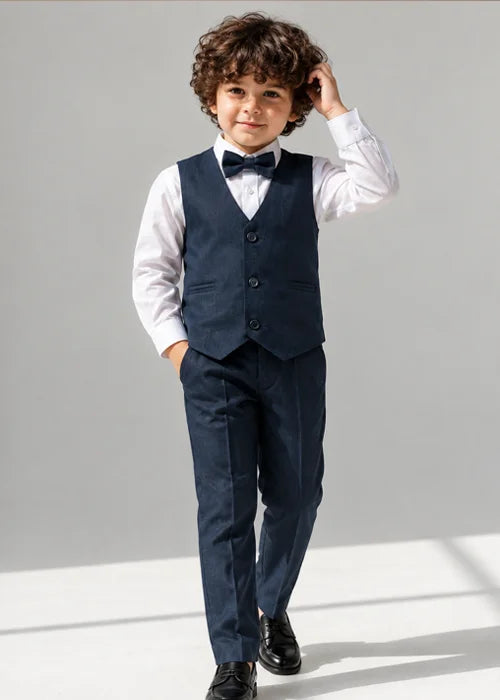 Baby Boy Navy Blue Self Waistcoat Formal Set