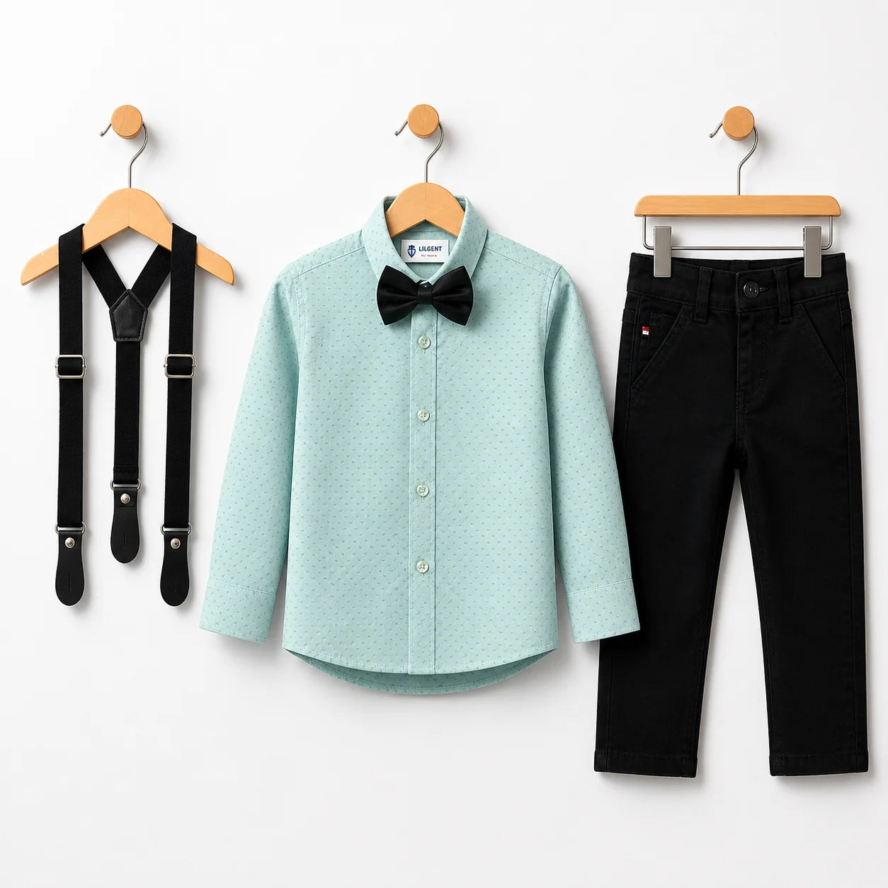 Baby Boy Sea Green Self Shirt / Black pant Formal Gallis suit