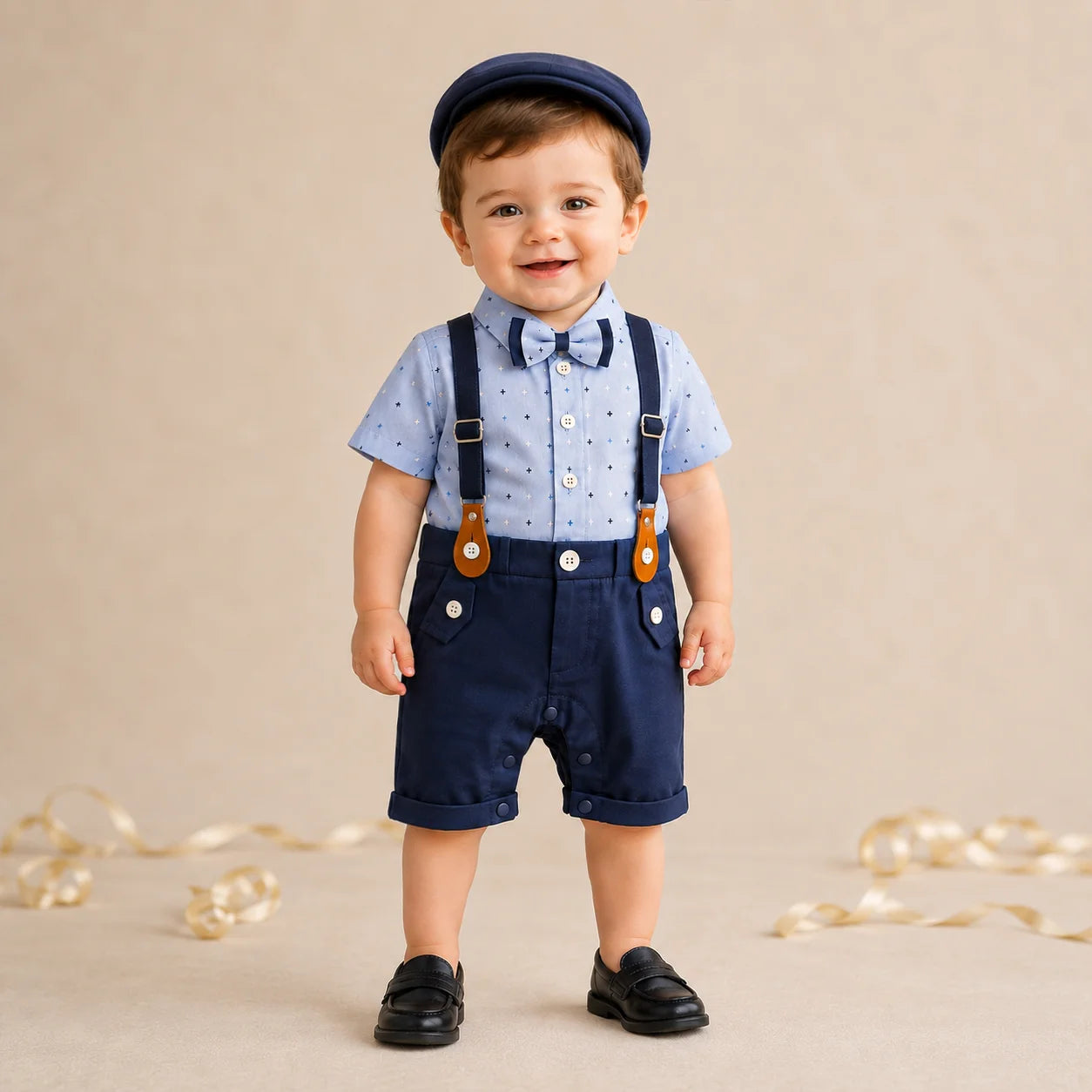 Baby Boy Navy Blue Stars Print Formal gallis Romper With cap