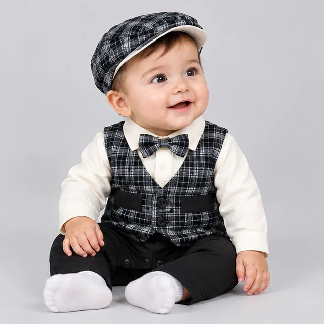 Black & White Checked Waistcoat Baby Boy Formal Romper with Cap