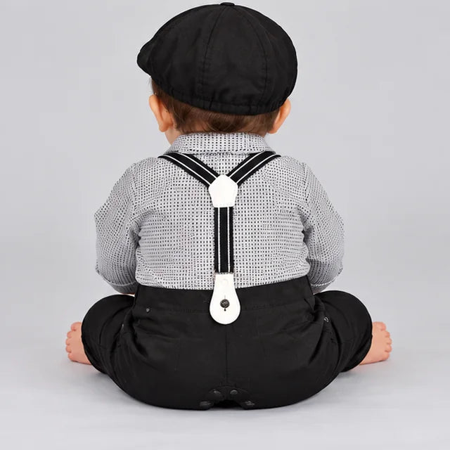 Black & White Check Suspender Baby Boy Formal Romper with Cap