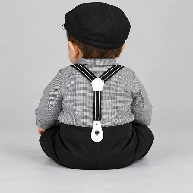 Grey Shirt Black Suspender Baby Boy Formal Romper with Cap