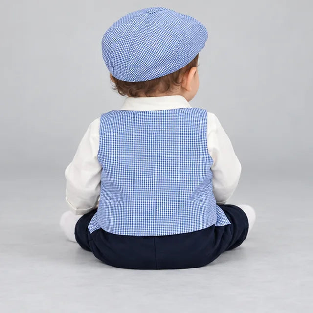 Sky Blue Waistcoat Baby Boy Formal Romper with Cap