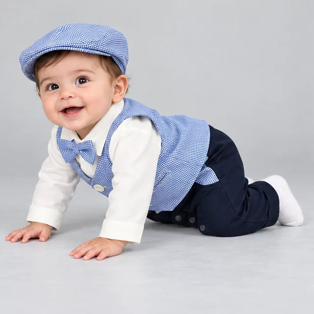 Baby boy formal romper article 12 model crawling side