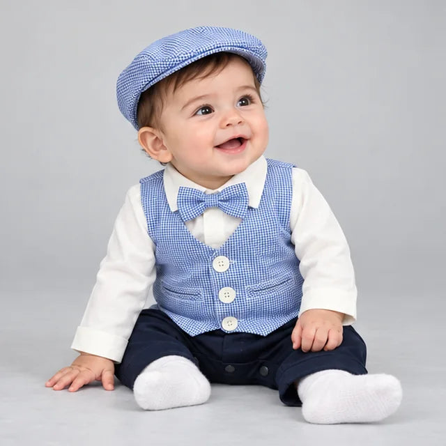 Sky Blue Waistcoat Baby Boy Formal Romper with Cap