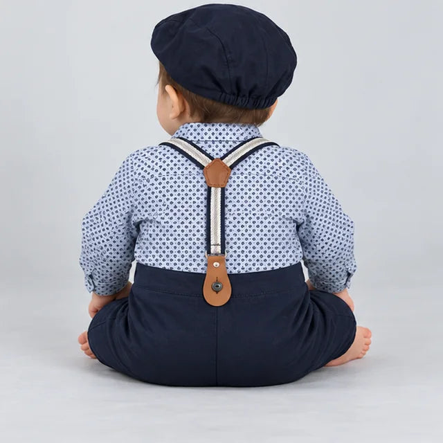 Navy Blue Polka Dot Suspender Baby Boy Formal Romper with Cap