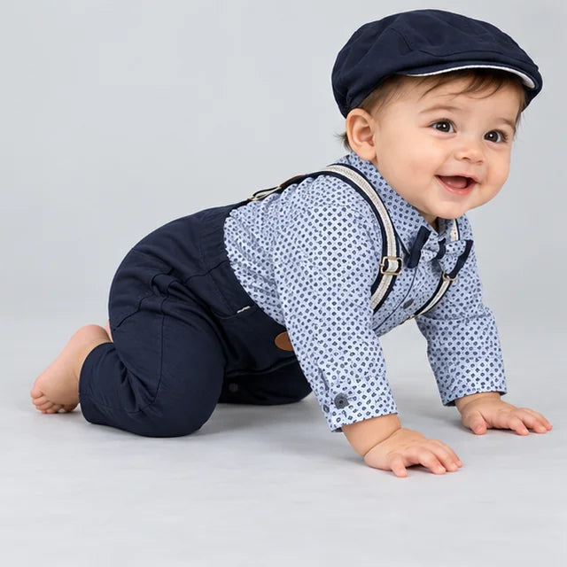 Navy Blue Polka Dot Suspender Baby Boy Formal Romper with Cap