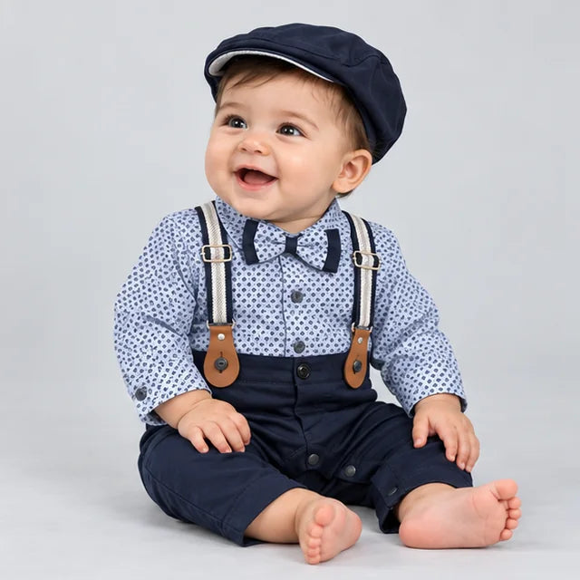 Navy Blue Polka Dot Suspender Baby Boy Formal Romper with Cap