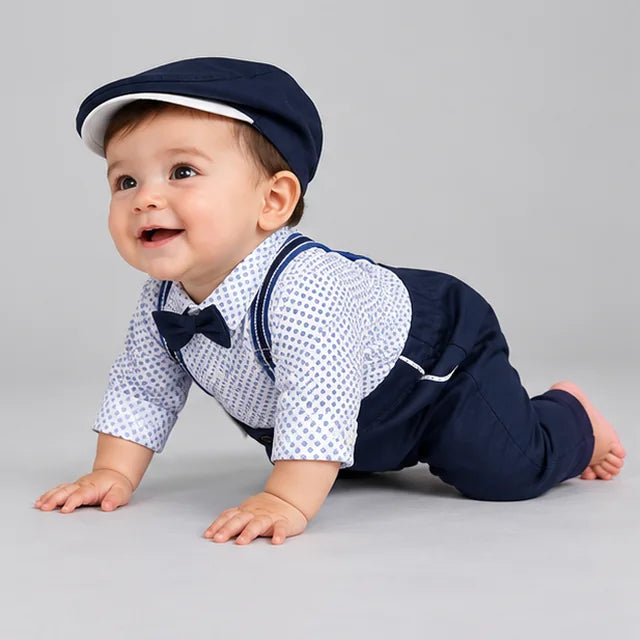 White & Blue Geometric Print Suspender Baby Boy Formal Romper with Cap