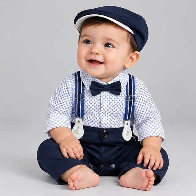 White & Blue Geometric Print Suspender Baby Boy Formal Romper with Cap