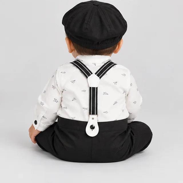 Black Suspender & Bow Tie Baby Boy Formal Romper with Cap